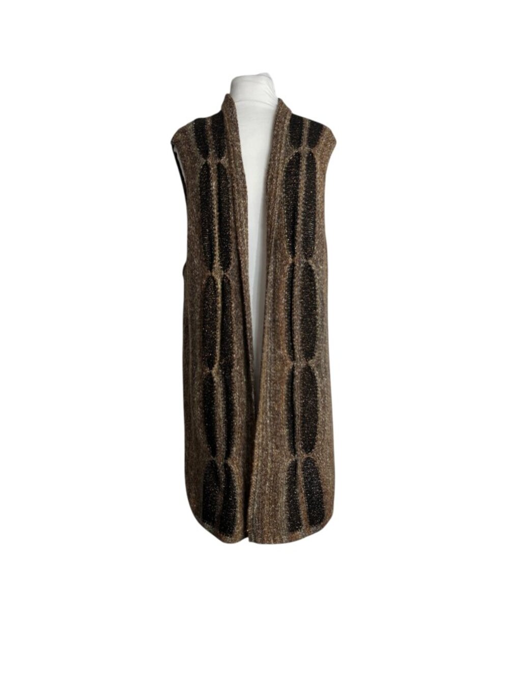 Chicos Size Large Brown Sweater Open Front Shrug Vest Geometric Metallic Threads